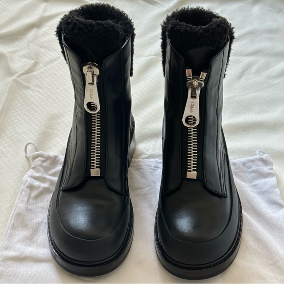 Chloe Roy Shearling-Lined Leather Black Ankle Boots Size 36.5 - Picture 3 of 14